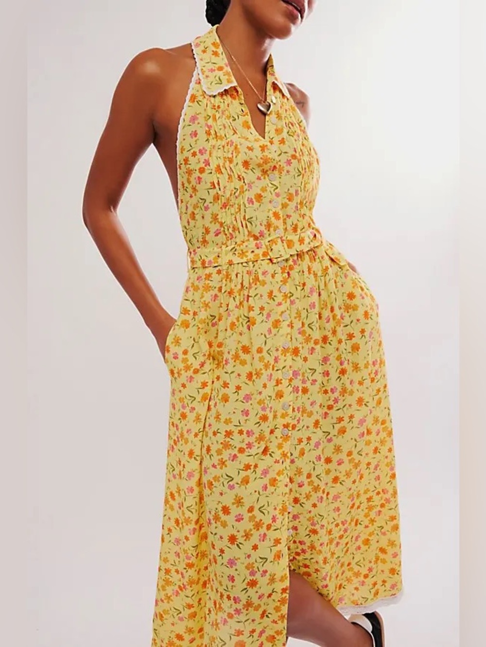 FREE PEOPLE Slice of Life Midi Dress in Lemon Sorbet Combo, Size M.